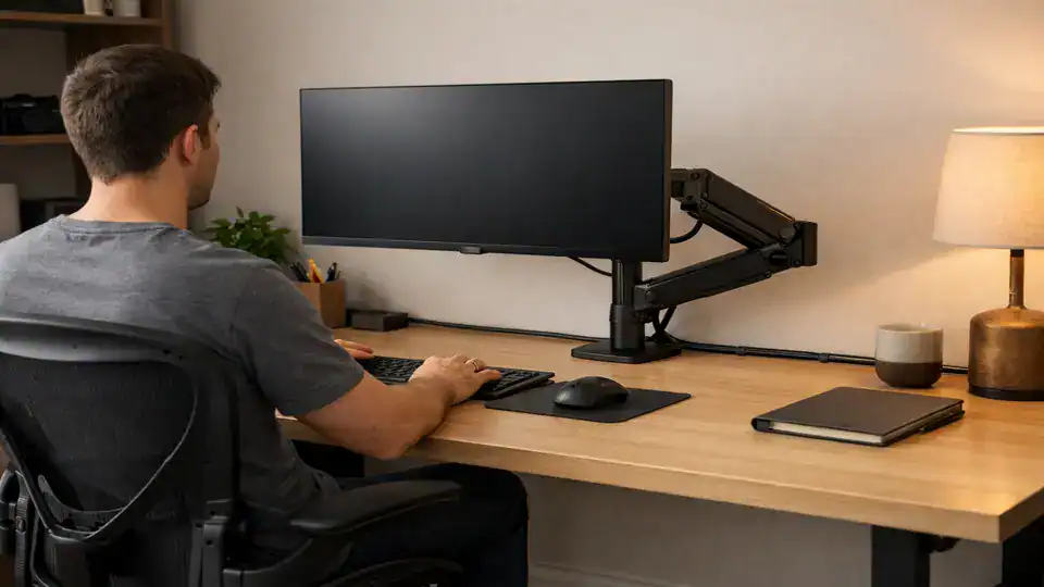 Minimalist home office showing the best monitor arms for desk setup with clean cables, extra space, and warm light.