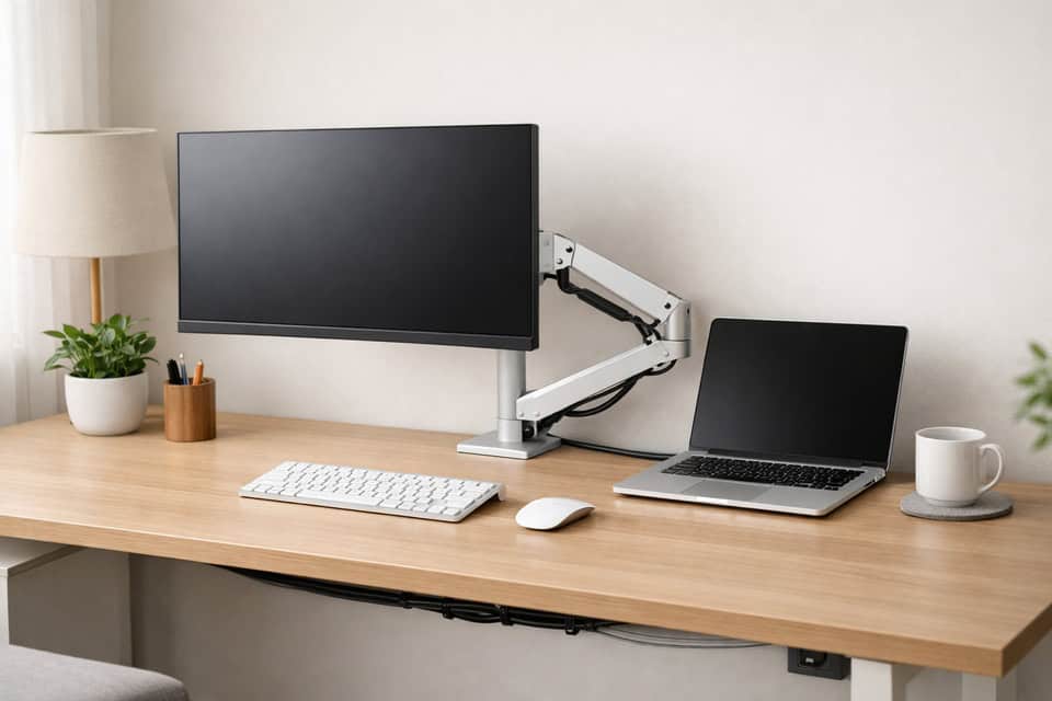 Modern home office with ergonomic monitor arm, tidy cables, and laptop showing the best monitor arms for desk setup.
