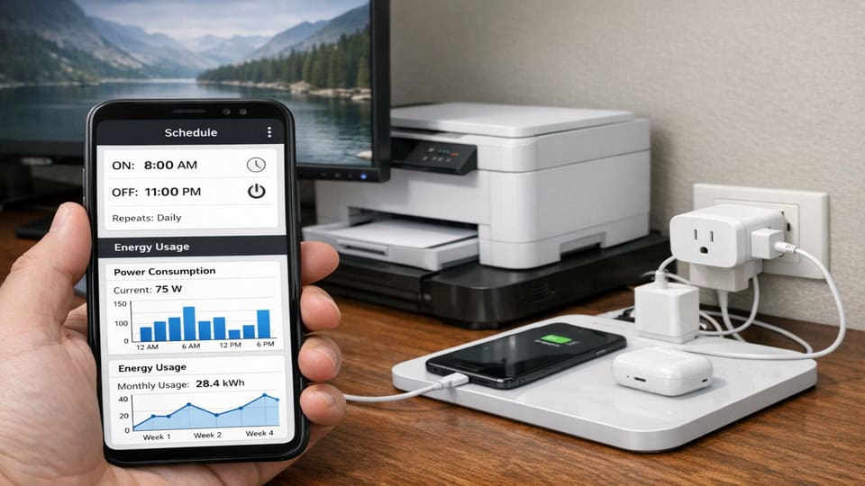 Smartphone app shows smart plug schedules and energy graphs beside a home office desk with monitor, printer, and charger.