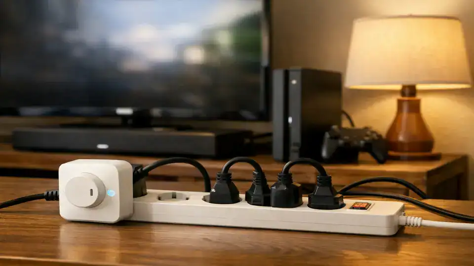 A smart plug on a power strip runs a TV, console, soundbar, and lamp, showing smart plugs energy saving benefits.