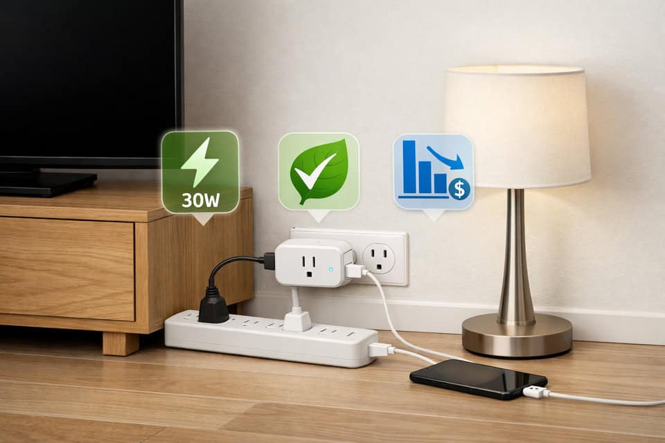 Modern home corner with a smart plug on a power strip, showing smart plugs energy saving benefits with TV, lamp, and charger.