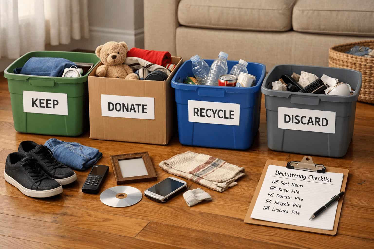 Close-up of a room sorting station to declutter your home one room at a time with keep, donate, recycle, discard bins.