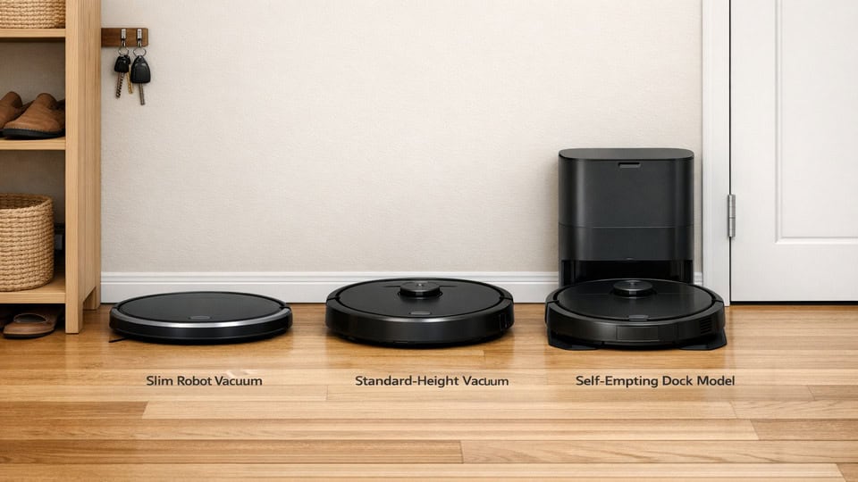 Side-by-side image comparing best robot vacuum cleaners for apartments in a small entryway with slim, standard, and dock models.