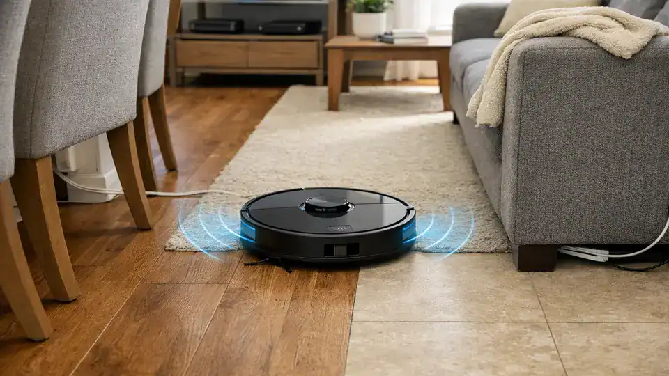 One of the best robot vacuum cleaners for apartments moves through a tight living room, avoiding chairs and mixed flooring.
