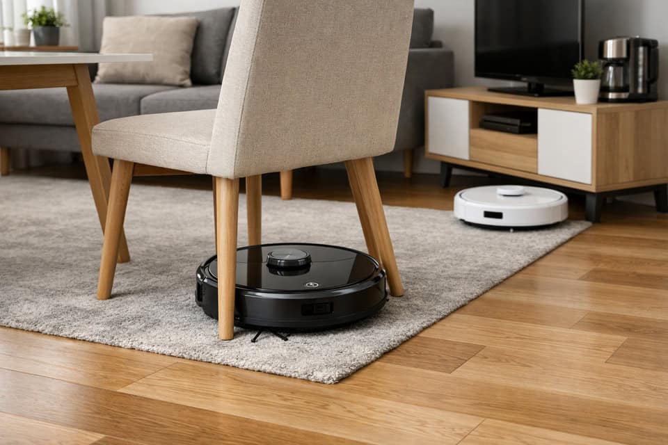 Editorial image of the best robot vacuum cleaners for apartments in a modern small home with mixed hardwood and rug flooring.