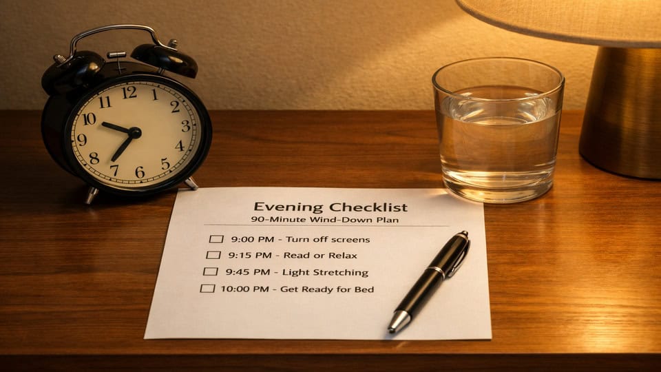 Bedside table with an evening checklist, clock, pen, and water for a digital detox routine for better sleep.