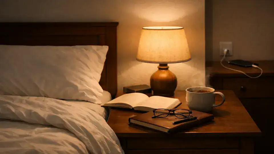 Calm bedroom with a book, tea, and a phone charging away, showing a digital detox routine for better sleep.