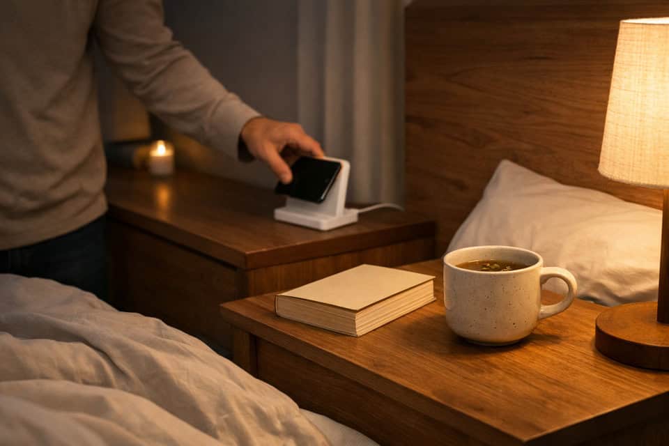 Adult in a cozy bedroom follows a digital detox routine for better sleep by charging a phone away from the bed.