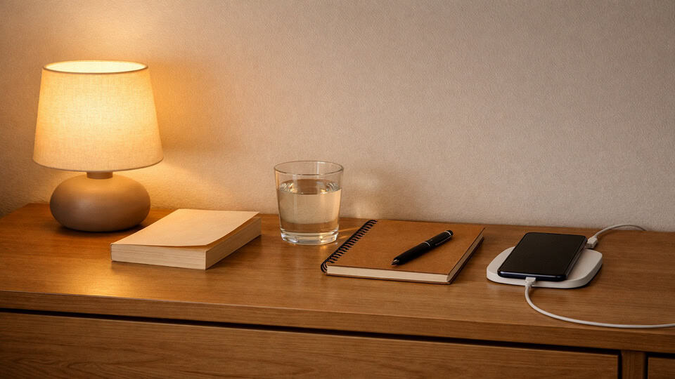 Bedside scene showing the benefits of reducing screen time before bed with a lamp, book, water, notebook, and phone away.