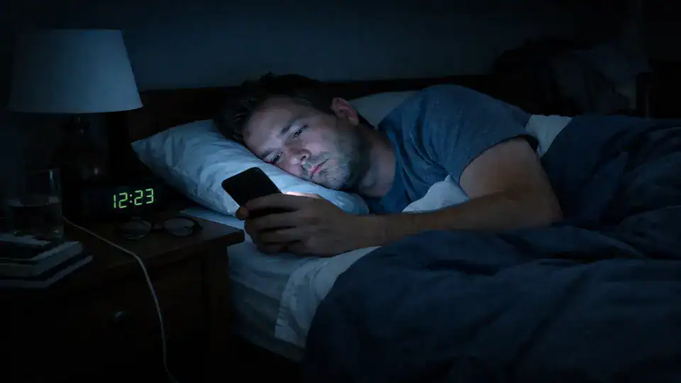 Adult in bed scrolling on a phone at night, illustrating benefits of reducing screen time before bed.