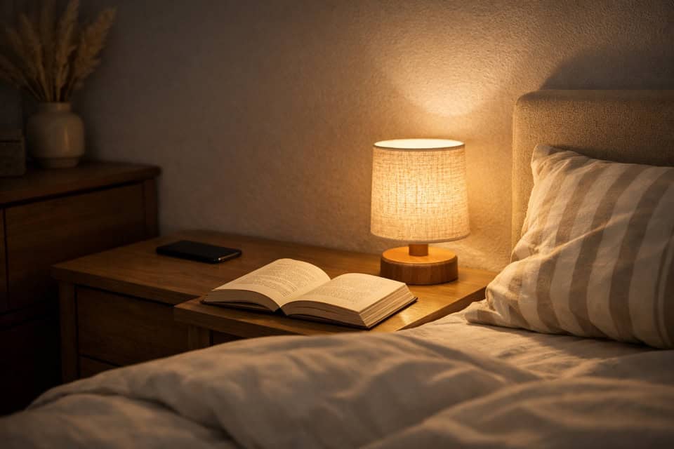 Cozy bedroom at night showing the benefits of reducing screen time before bed with a phone away from the bed.