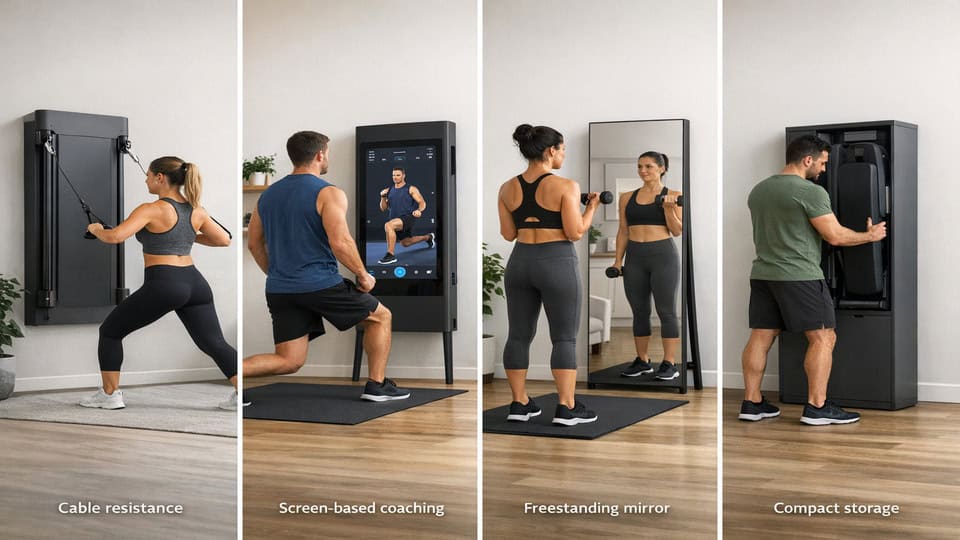 Side-by-side connected fitness mirrors comparison of four smart home gym systems in modern rooms.
