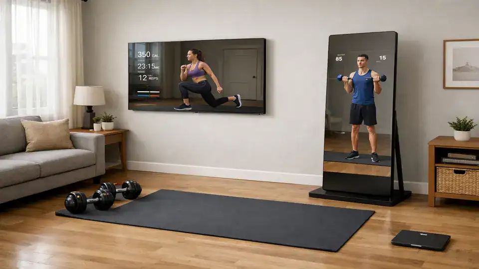 Small living room home gym with wall-mounted and freestanding mirrors in a connected fitness mirrors comparison scene.