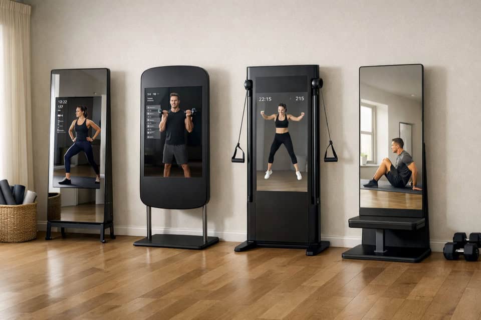 Connected fitness mirrors comparison showing four smart workout systems in a modern apartment home gym.