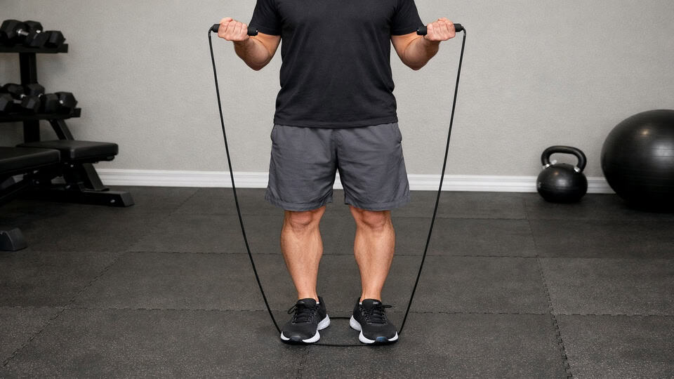 Person measures the best smart jumping ropes for cardio by stepping on the rope and raising handles to armpit height.