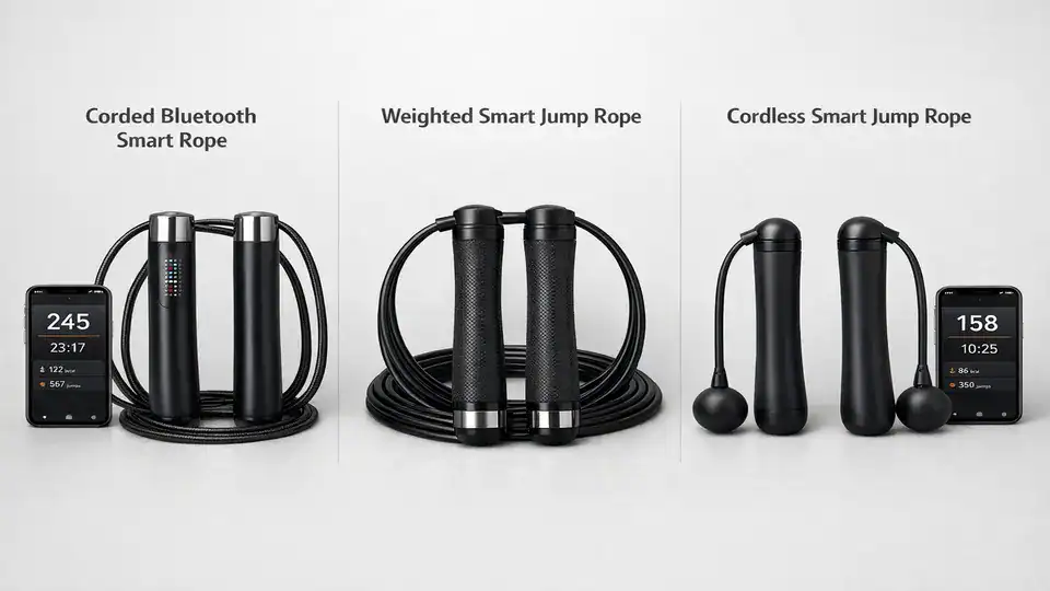 Side-by-side view of the best smart jumping ropes for cardio with corded, weighted, and cordless types plus app.