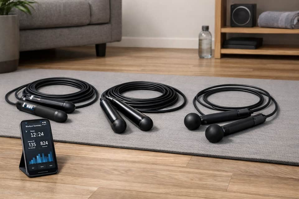 Best smart jumping ropes for cardio shown in a home workout scene with app-connected, weighted, and cordless styles.