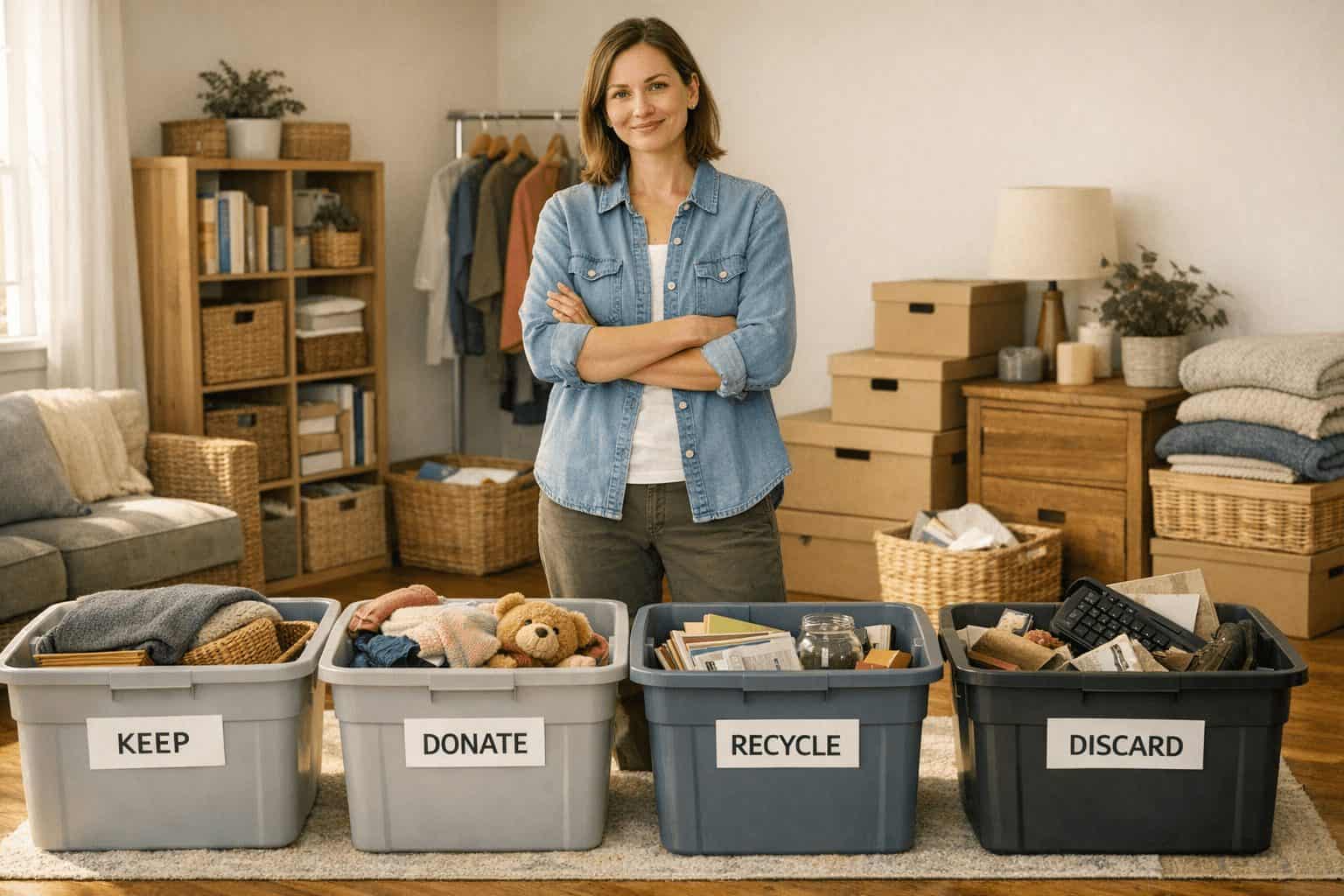 Homeowner sorts labeled bins in a bright room to declutter your home one room at a time with low-waste storage.