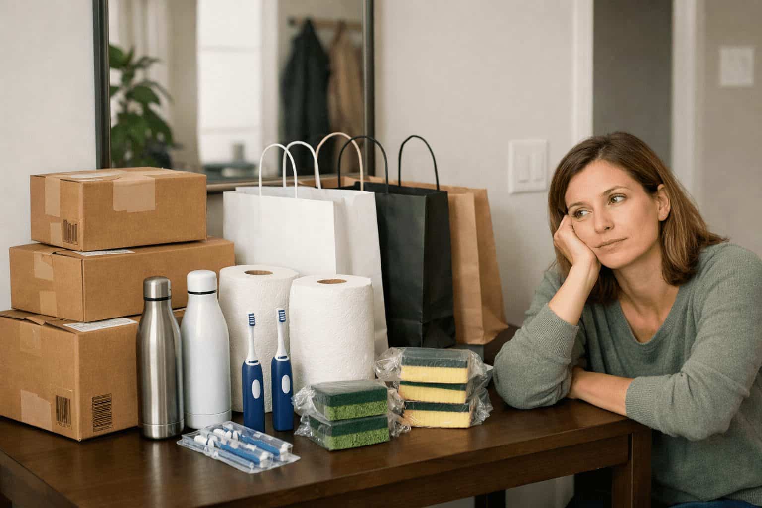 Person in an apartment hallway faces unopened packages, showing simple ways to reduce consumption habits at home.