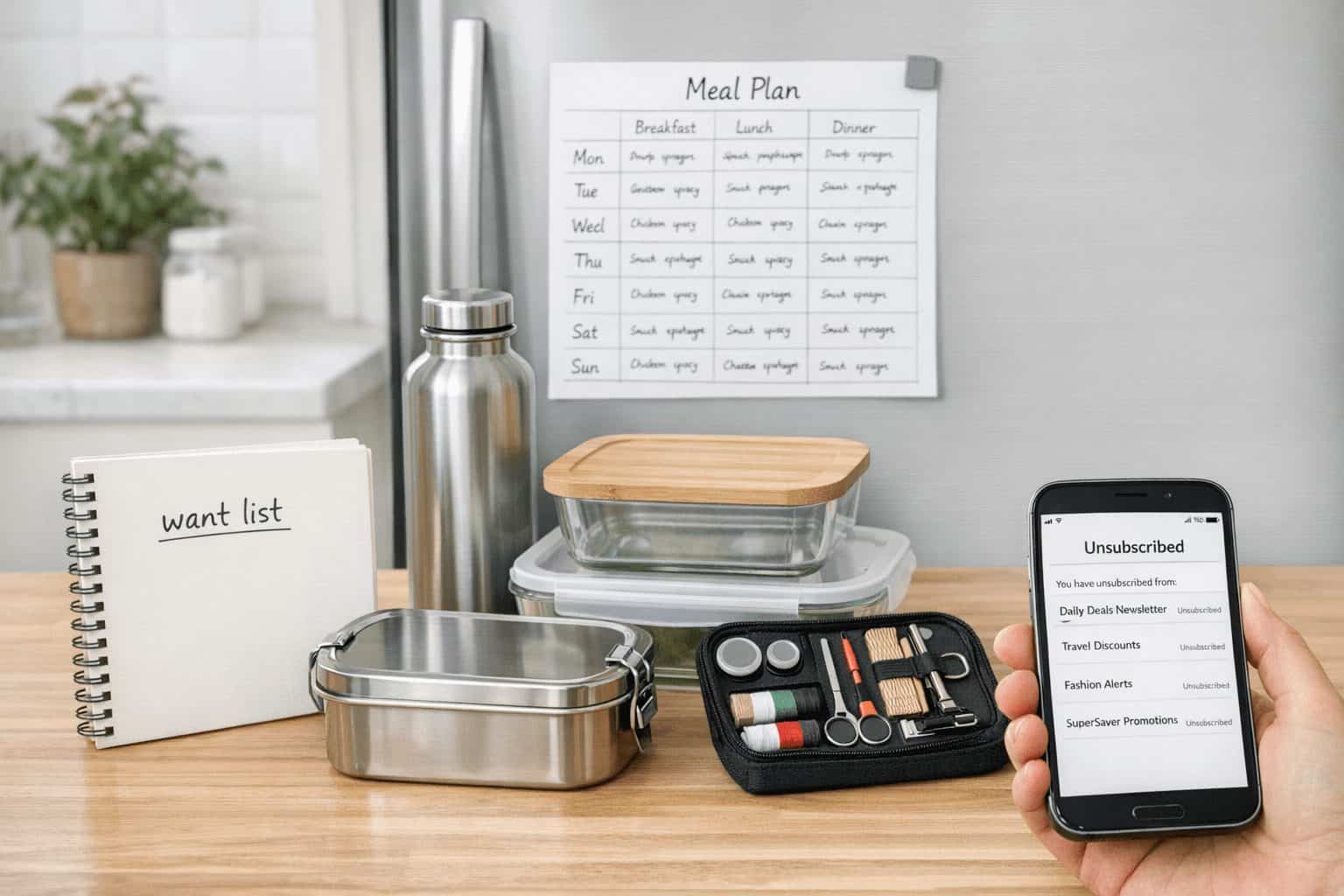Bright kitchen scene showing simple ways to reduce consumption habits with a want list, meal plan, repair kit, and containers.