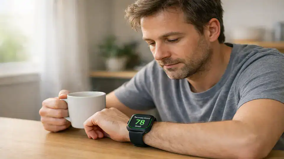 Person at home checks a smartwatch stress score by morning light with coffee, showing mental health tracking with wearables.
