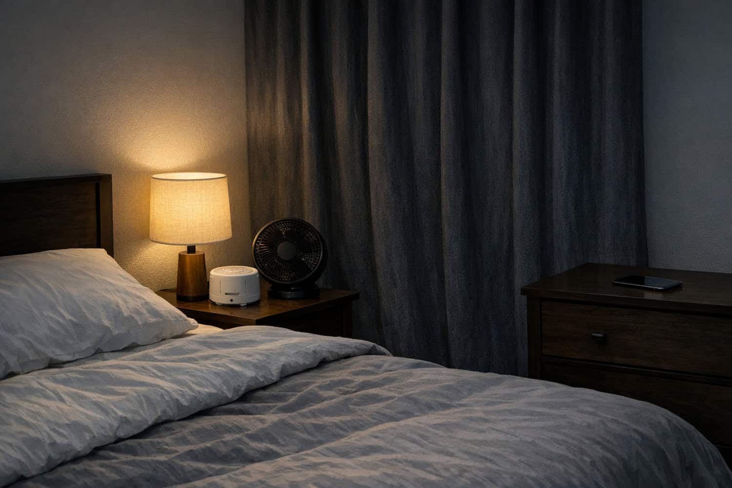 Dark cool bedroom with blackout curtains and phone away from bed to improve sleep quality without medication.