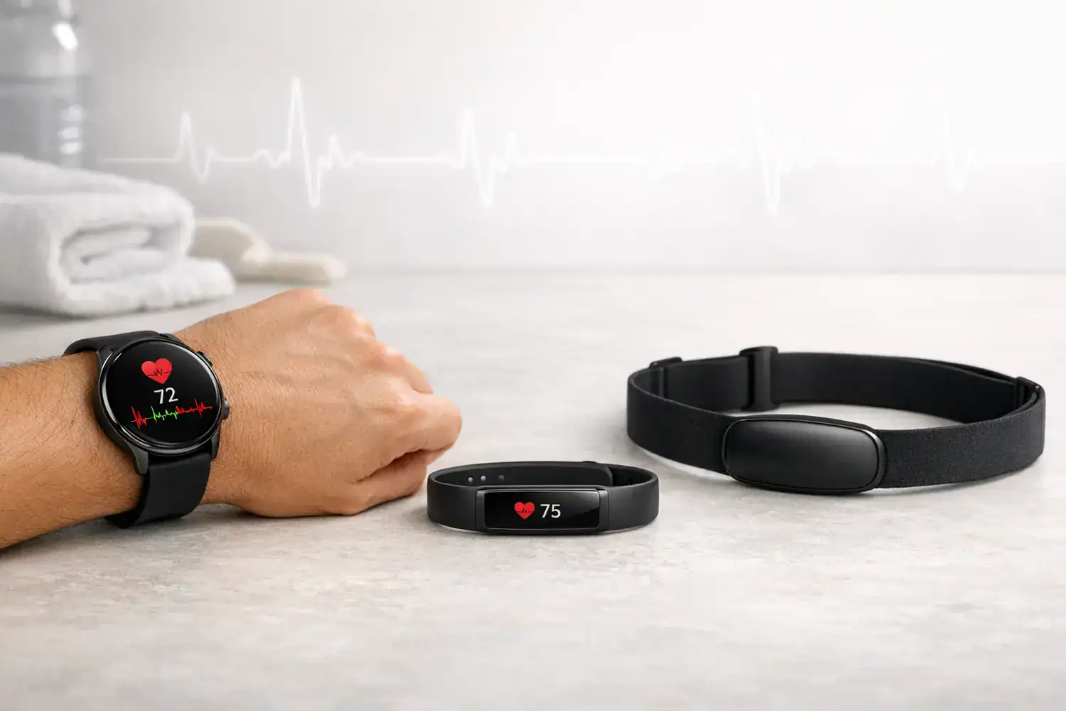 Best wearable heart rate monitors shown as a smartwatch, fitness band, and chest strap in a clean comparison layout.