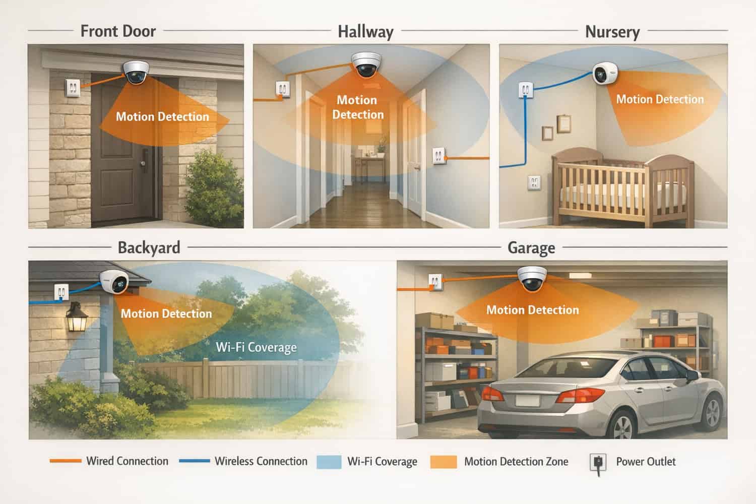Best smart home cameras comparison placement guide for front door, hallway, nursery, backyard, and garage coverage.