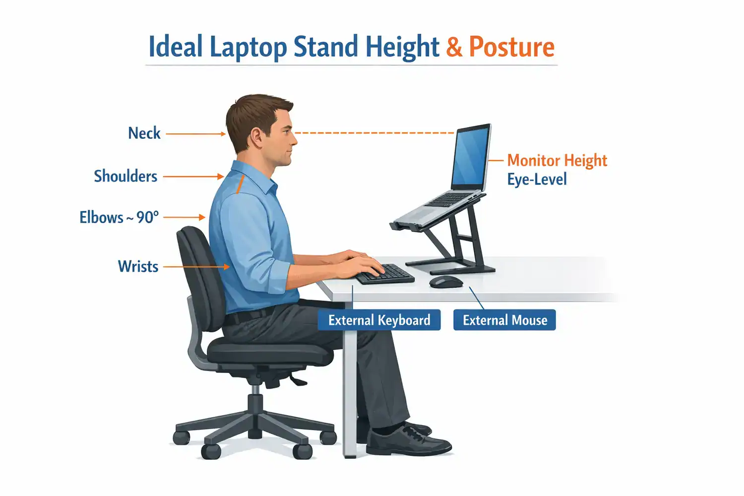 Ergonomic infographic showing best laptop stands for desk setup with eye-level screen and 90-degree elbow posture.