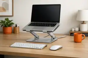 Modern desk with laptop on an aluminum stand, showing one of the best laptop stands for desk setup.