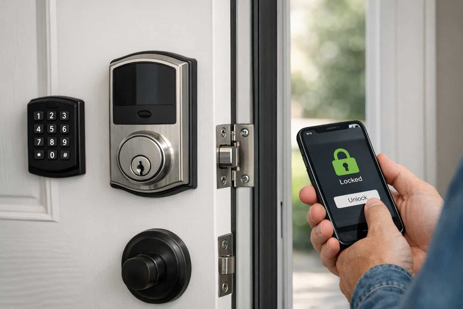Best smart door locks installation showing door fit, deadbolt alignment, keypad, and smartphone testing on a front door.