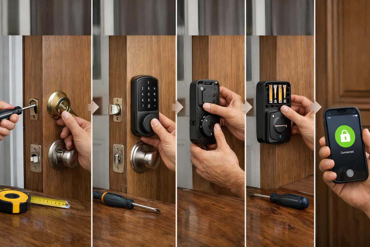 Step-by-step smart door lock installation guide shows deadbolt removal, latch install, keypad mounting, batteries, and app pairing.
