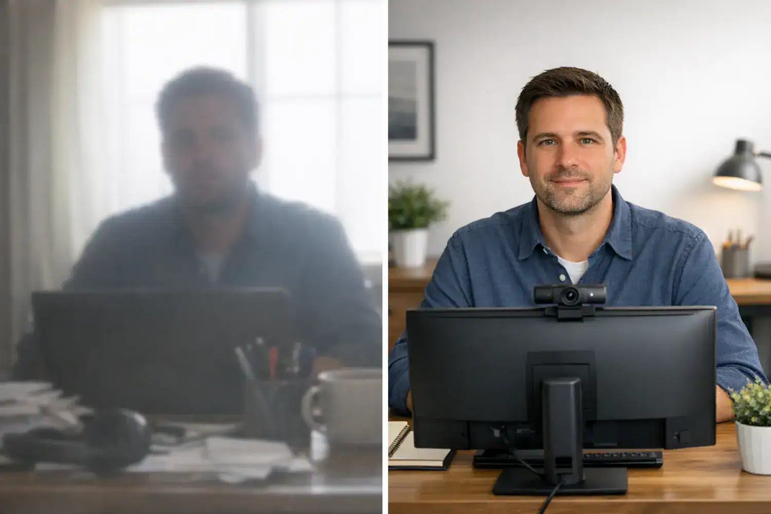 Side-by-side view comparing a poor laptop camera setup with a clear external webcam for remote meetings.