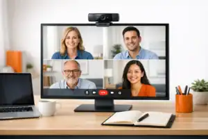 Modern desk with an external webcam at eye level, ideal for the best webcams for remote meetings article.