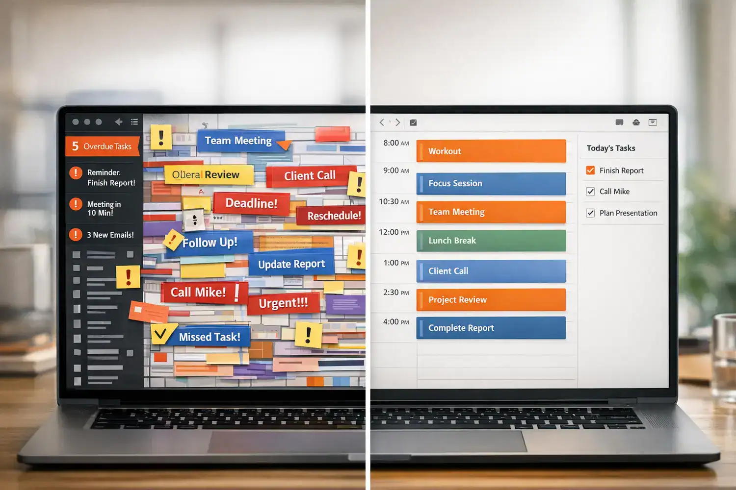Split screen shows a chaotic calendar beside an AI scheduling tools for tasks layout with calm focus blocks.