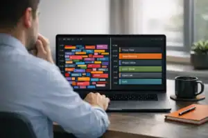 Worker compares a messy calendar with an AI scheduling tools for tasks view on a laptop at a modern desk.