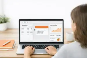 Professional compares three beginner AI tools for data analysis on a laptop with charts, tables, and a simple dashboard.