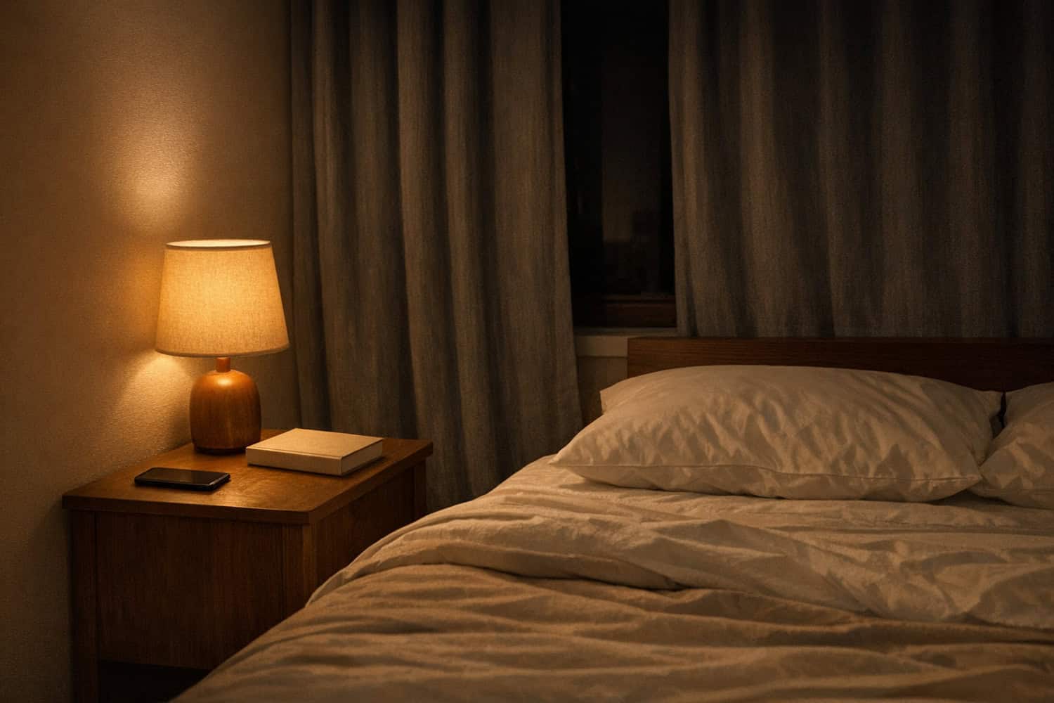 Dim bedroom with warm lamps and phone away from bed shows natural ways to fix circadian rhythm fast.