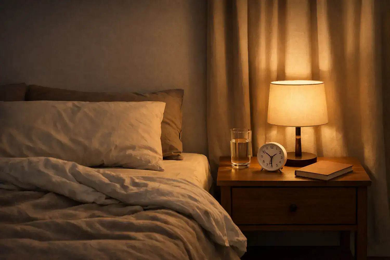 Cozy bedroom after dusk with dim lighting and tidy bedding for those seeking to improve sleep quality without medication.