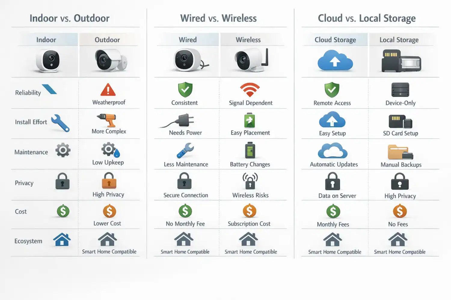 Best smart home cameras comparison infographic showing indoor vs outdoor, wired vs wireless, and cloud vs local storage.