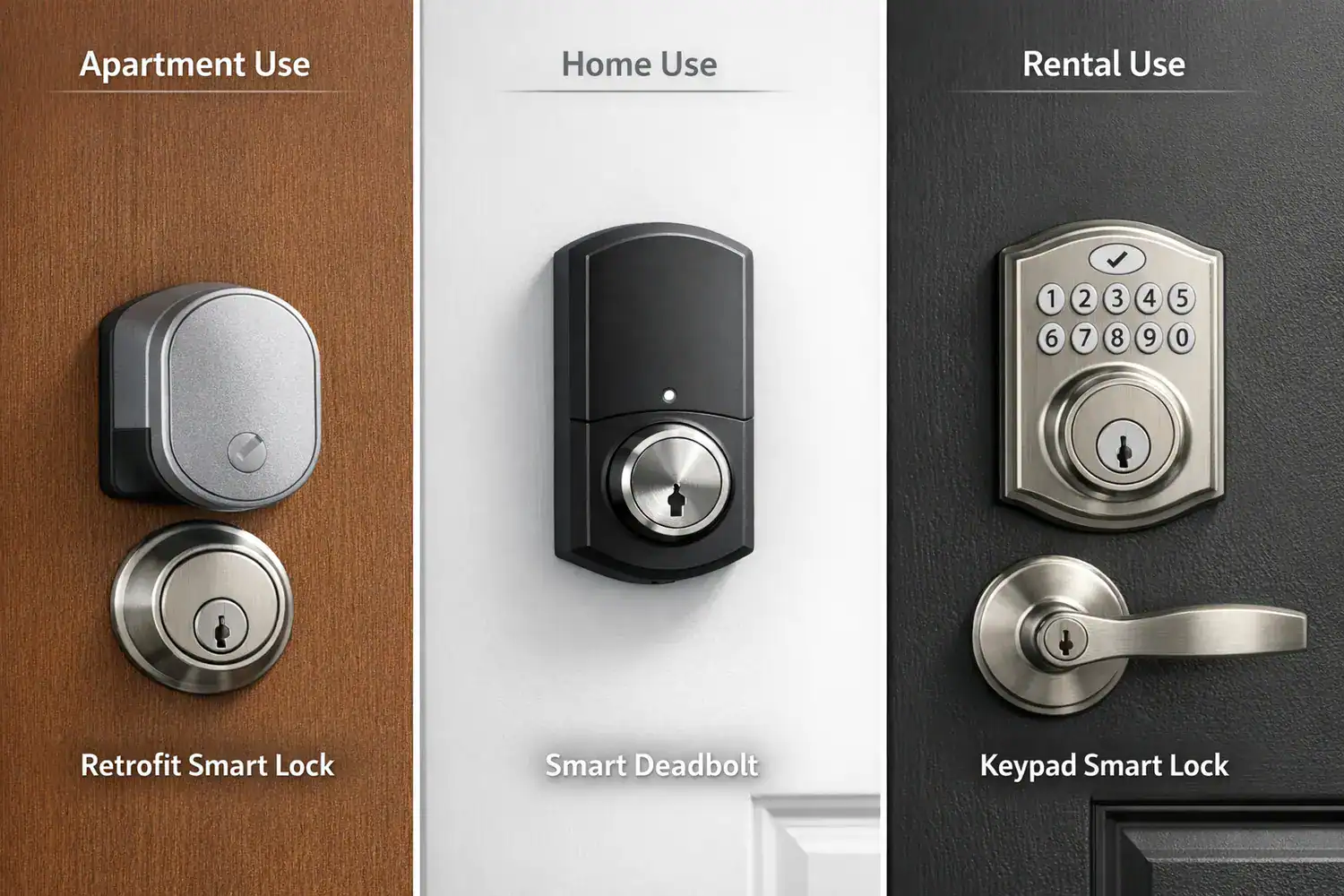Best smart door locks comparison with retrofit, full deadbolt, and keypad models on apartment, house, and rental doors.