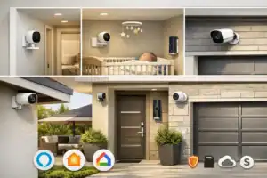 Best smart home cameras comparison showing indoor, nursery, door, backyard, and garage cameras in one home.