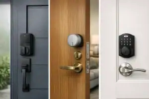 Best smart door locks shown on three realistic doors: deadbolt, retrofit lock, and keypad lock in daylight.
