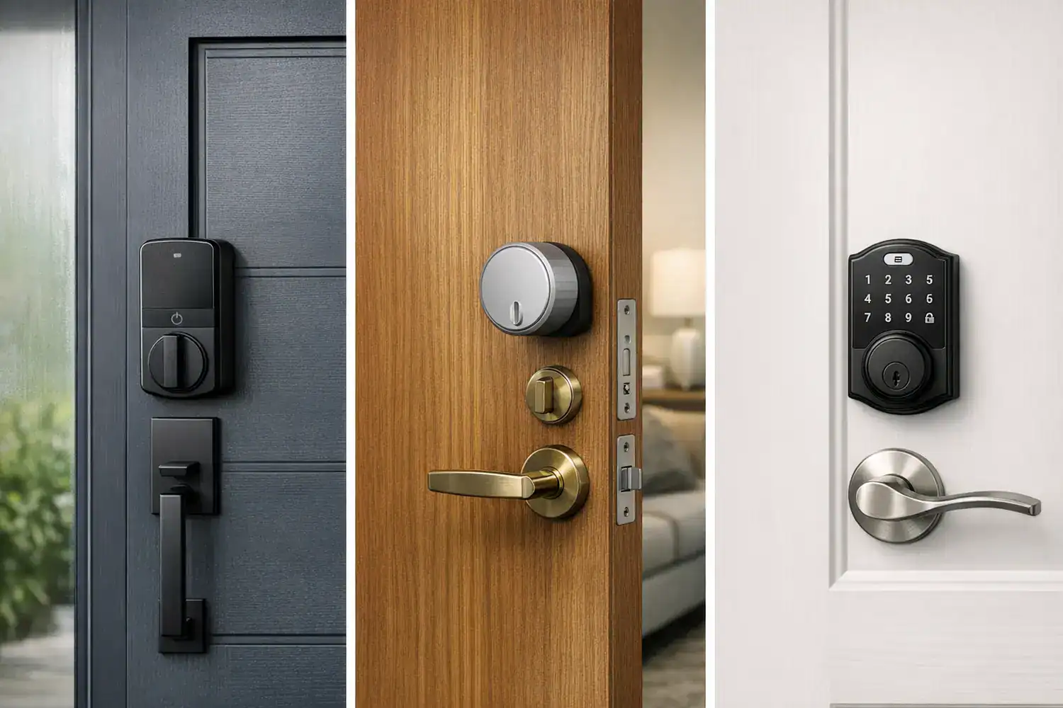 Best smart door locks shown on three realistic doors: deadbolt, retrofit lock, and keypad lock in daylight.
