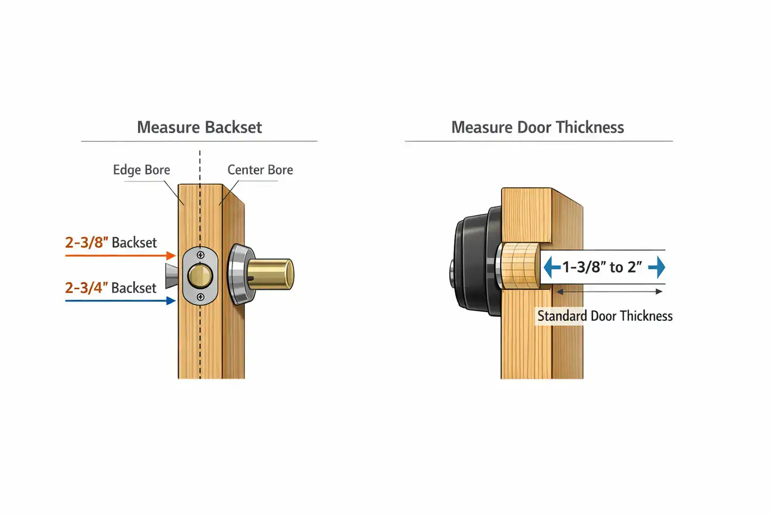 Technical diagram for a smart door lock installation guide shows backset, door thickness, center bore, and edge bore.