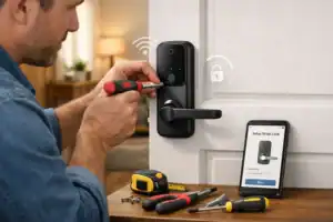 Homeowner installs a smart lock on a front door with tools and phone, following a smart door lock installation guide.