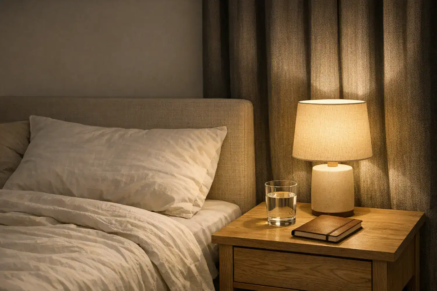 Modern bedroom at night with neutral bedding and blackout curtains to improve sleep quality without medication.