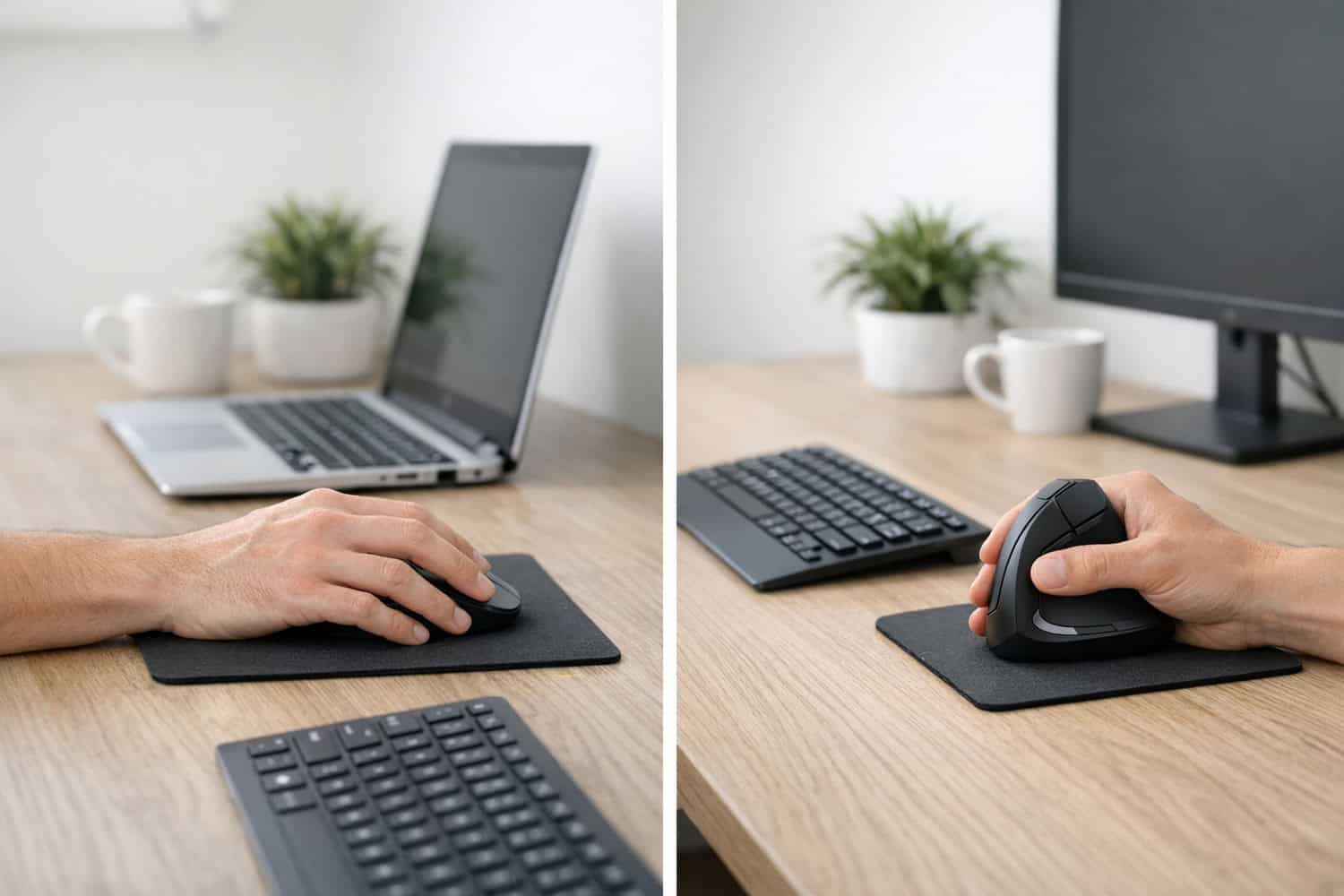Realistic desk comparison of regular and vertical mouse use, showing vertical mouse benefits for wrist pain and alignment.