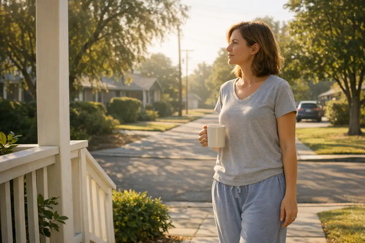 Person steps outside after waking for morning light, a natural way to fix circadian rhythm fast.