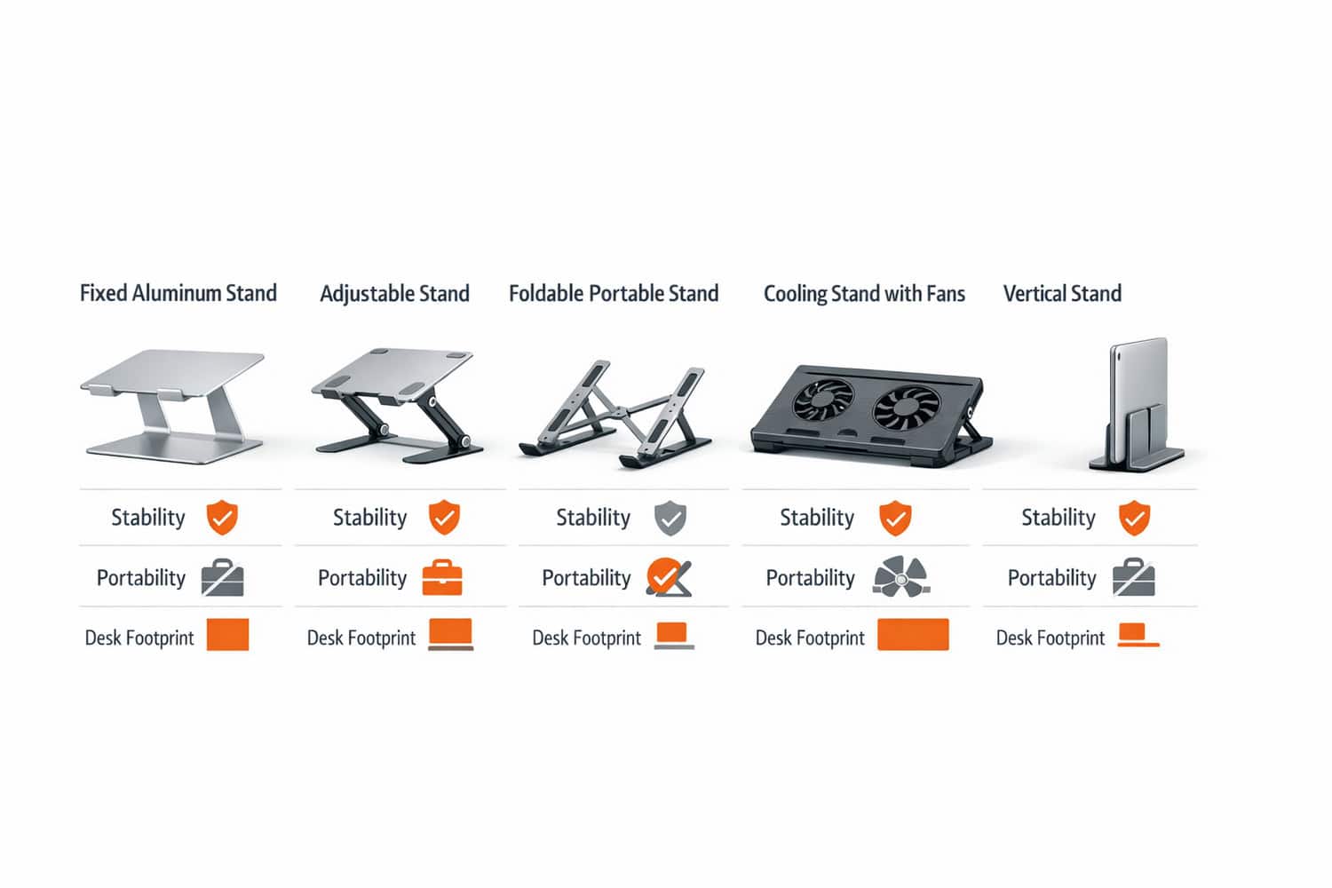 Comparison chart of the best laptop stands for desk setup, including fixed, adjustable, foldable, cooling, and vertical models.